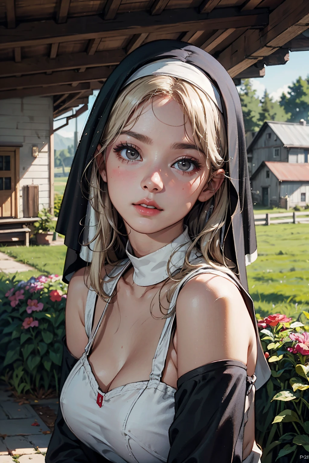 ( detailed realistic background:1),
( official art, beautiful and aesthetic:1 ),
realistic lighting,
cinematic lighting,
hyperrealism,
soothing tones,
muted colors,
high contrast,
soft light,
sharp,
artistic photoshoot,
( cute, petite),
slender,
european,
pale cheeks,
square face shape with angular jaw,
natural "no-makeup" makeup,
huge breasts,
((nun)), Upper Body,
Bare shoulders, Bare neck, platinum blonde hair, grey eyes, full lips, ,
On a 1950s Country Farm: Red barn, haystacks, green pastures, ploughed fields,