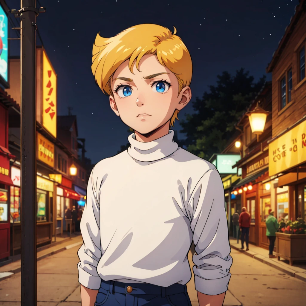 1boy, solo, Norman, blue eyes, blonde hair, short hair, retro artstyle,  child, turtleneck,   <lora:Norman_TotallySpies_Leaf3:0.6>, cowboy shot, arms at sides,  depth of field, blurry background, night,