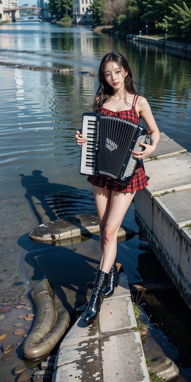 1girl, playing accordion, accordion, stand in river, full body,  high-heeled boots,outdoor, river, 
masterpiece, best quality, 8k