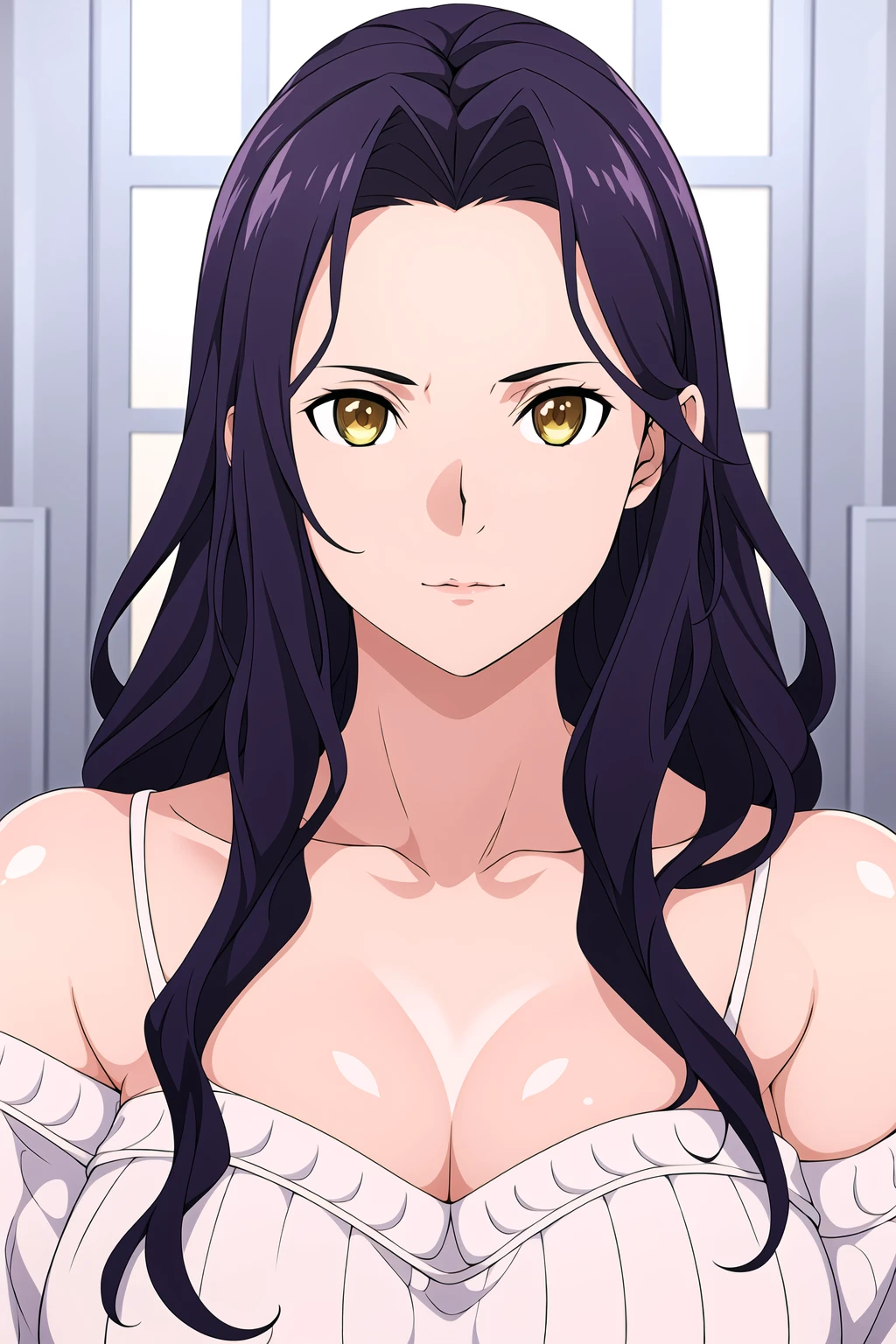 Simple White Background,
dynamic pose,standing at attention,
purple ribbed sweater,bare shoulders, collarbone, cleavage, off shoulders,
<lora:Fanatio_Alicization-KK77-V1:0.7>,
Yellow eyes, purple hair,bangs,Long hair,
<lora:Oda_Non_Style-KK77-V2:0.3>,<lora:more_details:0.1>,
1 girl, 20yo,Young female,Beautiful long legs,Beautiful body,
Beautiful Nose,Beautiful character design, perfect eyes, perfect face,expressive eyes,perfect balance,
looking at viewer,(Focus on her face),closed mouth, (innocent_big_eyes:1.0),(Light_Smile:0.3),
official art,extremely detailed CG unity 8k wallpaper, perfect lighting,Colorful, Bright_Front_face_Lighting,White skin,
(masterpiece:1.0),(best_quality:1.0), ultra high res,4K,ultra-detailed,
photography, 8K, HDR, highres, absurdres:1.2, Kodak portra 400, film grain, blurry background, bokeh:1.2, lens flare, (vibrant_color:1.2),professional photograph,
(Beautiful,large_Breasts:1.4), (beautiful_face:1.5),(narrow_waist),
