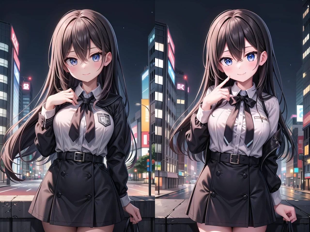 <lora:lightup_brightness_v200:0.45>
insanely detailed, absurdres, ultra-highres, ultra-detailed, best quality,
1girl, solo, nice hands, perfect hands,
BREAK
(wearing winter school uniform),
happy smile, laugh, closed mouth,
standing, 45 angle, (cowboy shot:1.3), looking at viewer,
BREAK
slender, kawaii, perfect symmetrical face, ultra cute girl, ultra cute face, ultra detailed eyes, ultra detailed hair, ultra cute, ultra beautiful,
by Canon EOS, SIGMA Art Lens 35mm F1.4, ISO 200 Shutter Speed 2000,
BREAK
(night, dark background:1.3), cityscape, street, tokyo, shibuya,
(very wide, panorama view, sense of depth, magnificent view:1.3),
medium large breasts,
BREAK
black hair, long hair,black eyes, hair between eyes