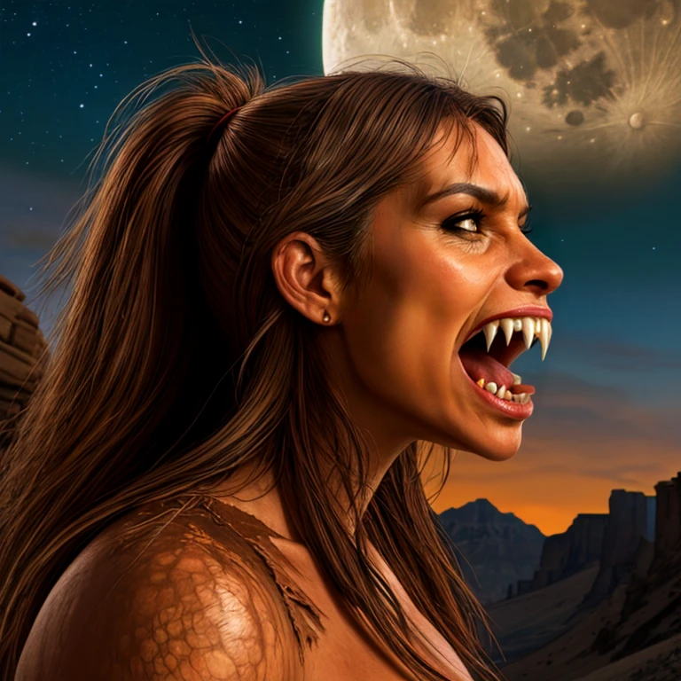 Solo focus, close-up, profile, pretty American woman, (werewolf:0.4) transformation, fangs, torn clothing, growling, highly detailed, outdoors, full moon, Southwestern USA <lora:VampireFangs_v1:1> <lora:LORA-XenoDetailer-v3A:0.3>