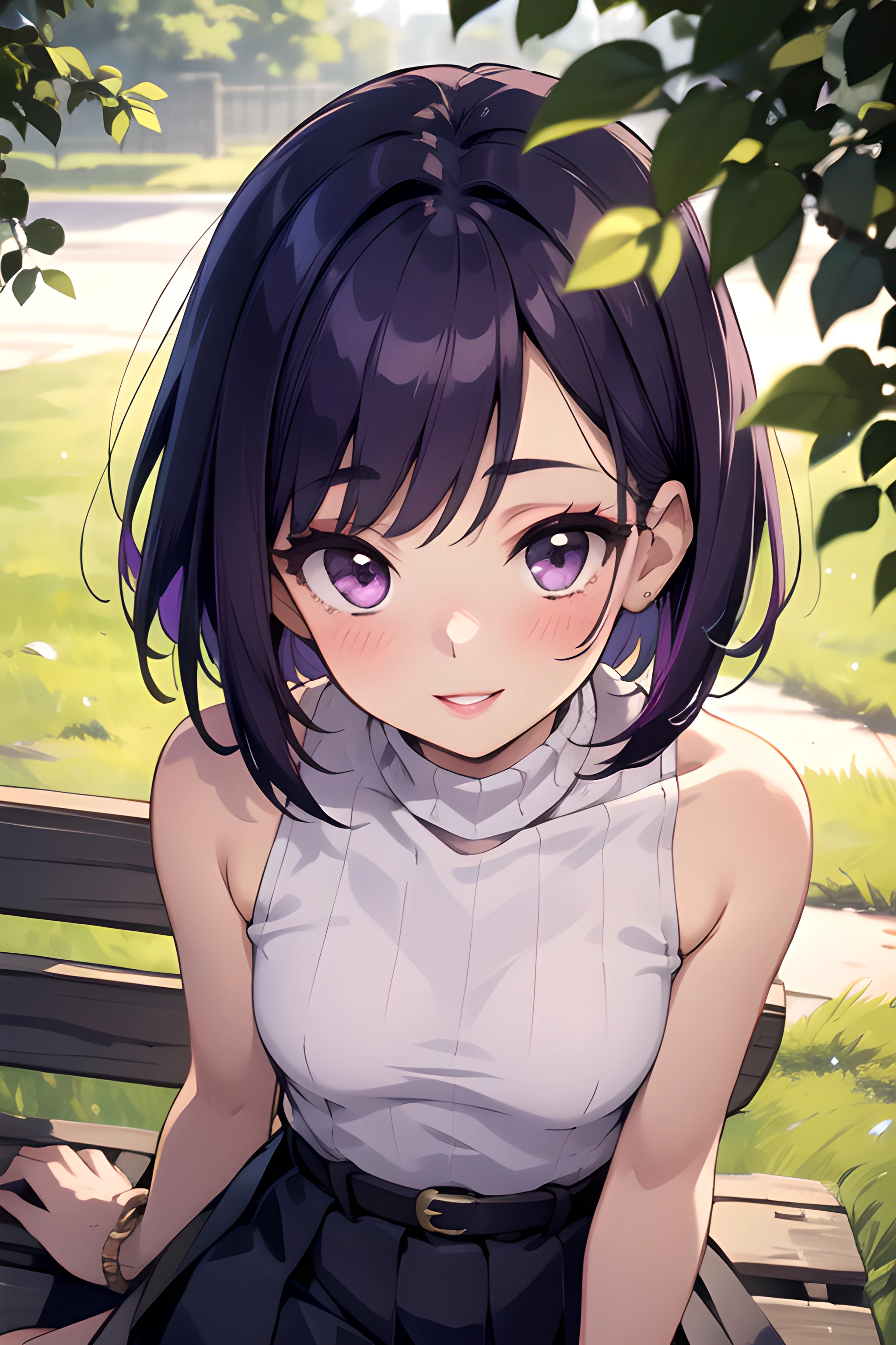 (masterpiece, best quality, highres), 1girl, solo, purple hair, short hair, inverted bob, purple eyes, small breasts, narrow waist, long eyelashes, outdoors, sitting, on bench, upper body, from above, tree, tree shade, dappled sunlight, sweater, sleeveless, turtleneck, bare shoulders, leather belt, pleated skirt, eyeshadow, eyeliner, lipstick, bracelet, looking at viewer, happy, blush, parted lips, smile, dating, pov