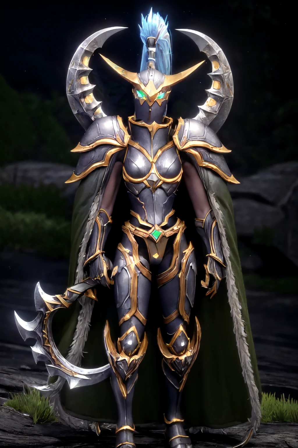 beautiful eyes, beautiful girl, high detail skin, high detail eyes, high detail hair, highres, ultra detailed, sharpen picture, Highly detailed, masterpiece, best quality, photorealistic,
 <lora:MaievShadowsongLoRA:0.8>1girl, ponytail, armor, green eyes, pauldrons:1.2, closed helmet, cape, glowing eyes, gauntlets, fur trim, belt, dark sky, lightning, neon green river of lava, rock formations, holding weapon:1.2, walking, shoulder armor, dynamic fighting pose