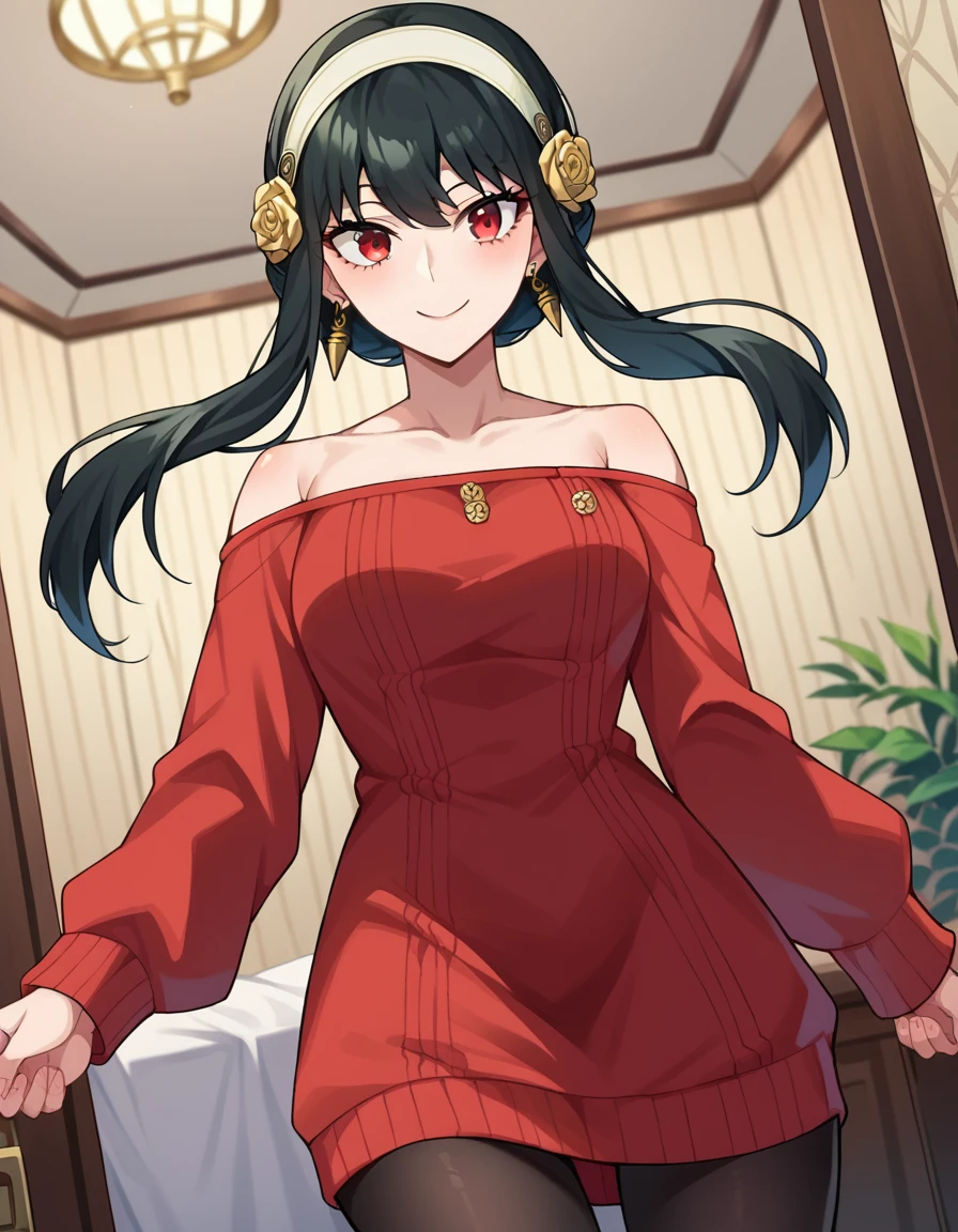 score_9, score_8_up, score_7_up, source_anime,
yorbriar, <lora:yor-briar-ponyxl-lora-nochekaiser:1>,
yor briar, black hair, red eyes, earrings, white hairband, hairband, long hair, sidelocks, smile,
bare shoulders, collarbone, dress, long sleeves, off shoulder, off-shoulder dress, off-shoulder sweater, pantyhose, red sweater, sweater, sweater dress, thighs,
indoors,
looking at viewer, cowboy shot, dutch angle, dynamic pose,