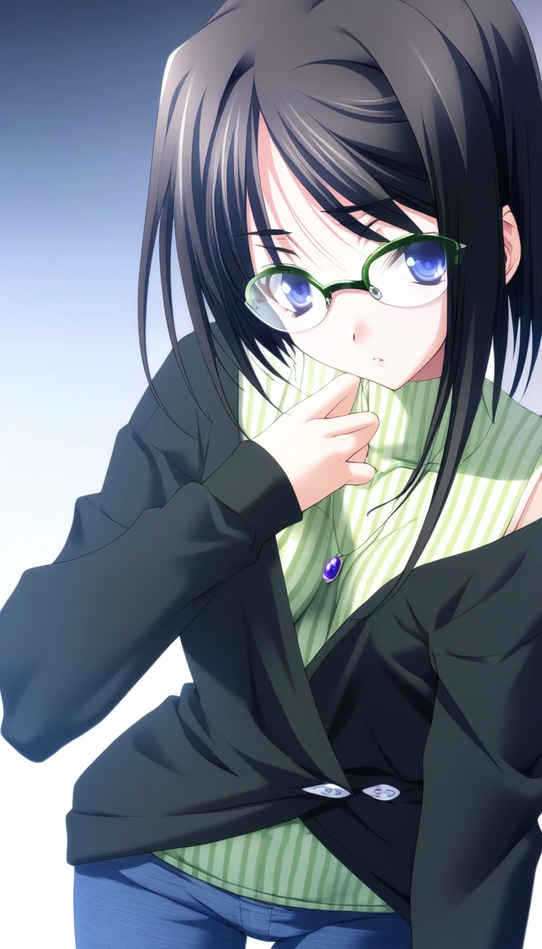 1girl,Mishima Kazuki,green vertical striped sleeveless turtleneck,black jacket,jeans,purple gem necklace,lock button on the cloth,green-framed eyewear,masterpiece,best quality,solo,game cg,(illustration:1.2),(extremely fine and beautiful),(perfect details),(unity CG 8K wallpaper:1.05),(ray tracing),(detailed beautiful eyes:1.3),(beautiful face:1.2),close up,cowboy shot,<lora:MishimaKazukiXLK:1>,white background,simple background,