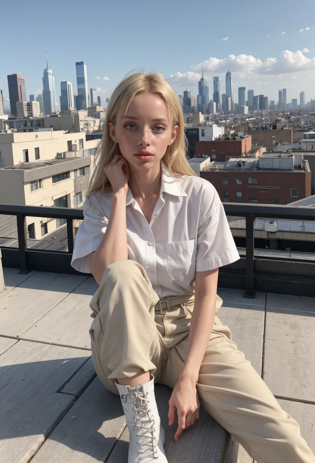 photo of (lol4bunny:0.7) with blonde hair, plump lips, wearing a collared shirt, cargo pants, boots, laying in a rooftop with a view of the city skyline in the horizon, sunbathing,
detailed skin texture, (blush:0.5), (goosebumps:0.5), subsurface scattering, perfect iris, perfect pupils, perfect hands, (masterpiece, photorealistic:1.2), high quality, intricate details, highly detailed background, 8k, Ultra-HD-details, (lively-looks), (vivid colors, wide angle, cinematic establishing shot, volumetric lighting, subsurface scattering, special effects, color grading, layered depth, parallax effect, soft focus foreground), (in style of Tim Walker:1.2)