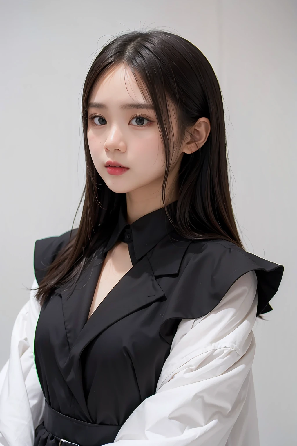 1girl, black random formal attire, white background, <lora:andweasoV1-02:1>