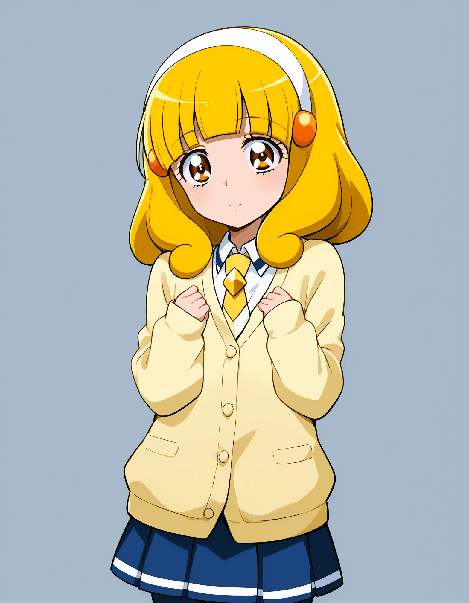 score_9, <lora:sdxl_lightning_8step_lora:1> source_anime, rating_safe BREAK 1girl, solo
<lora:ponyxl_character-smile_precure:1> 
kise yayoi, yellow hair, yellow eyes, white hairband, hair ornament, medium hair, nanairogaoka ************* uniform, yellow necktie, yellow cardigan