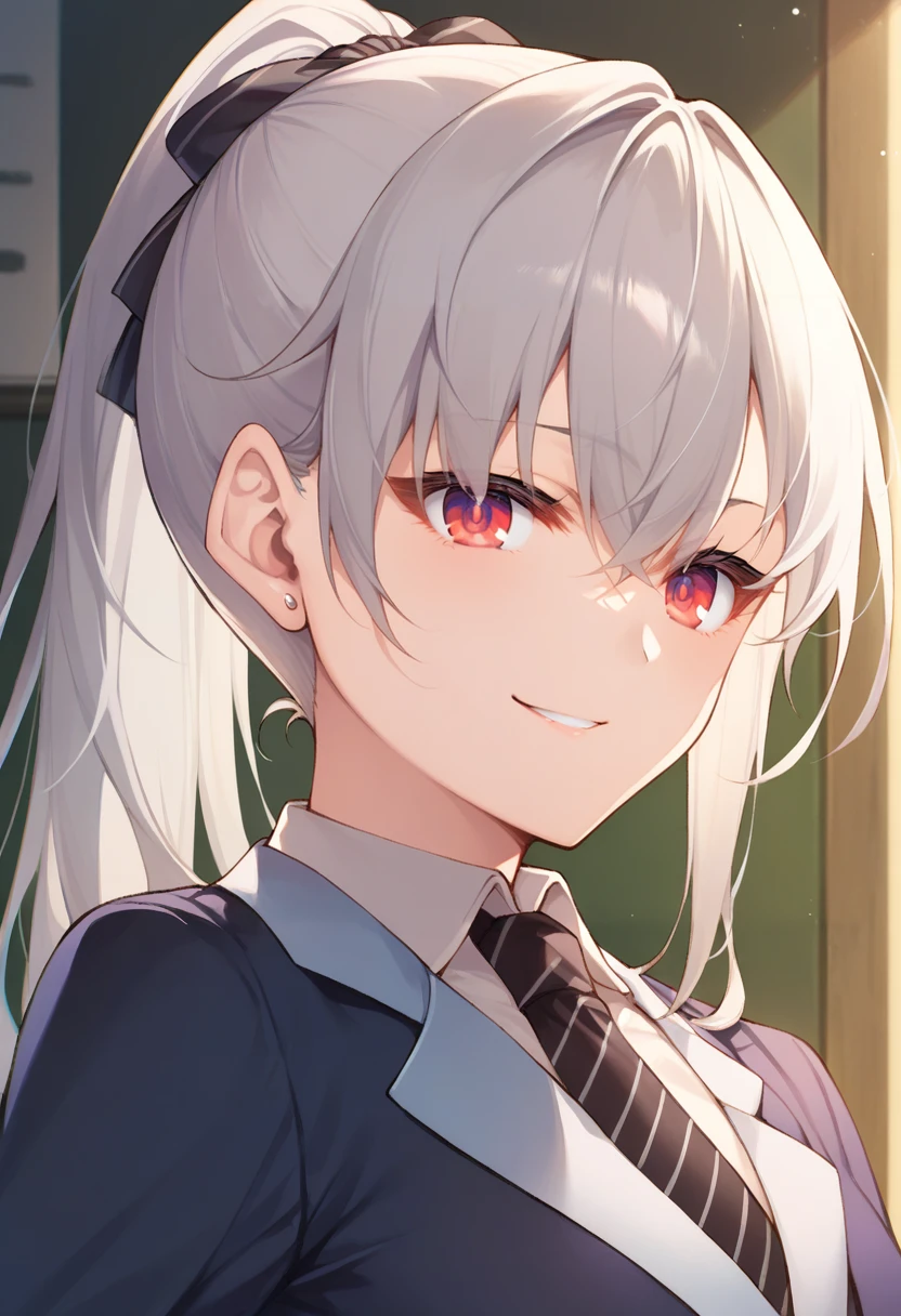 score_9, score_8_up, score_7_up, source_anime, 1girl,red eyes,smile, room, wariza, ponytail,grey hair, portrait, blazer, by toosakaasagi <lora:Toosaka-Asagi-Style-PonyXL-000036:1>