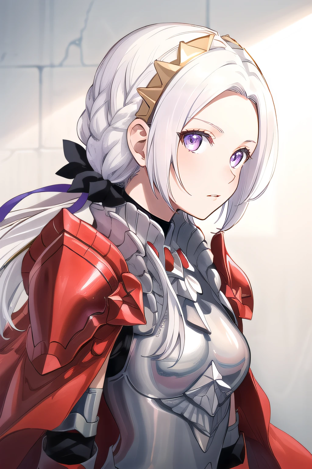 (masterpiece:1.2), best quality, high resolution, unity 8k wallpaper, (illustration), extremely detailed face, perfect lighting, extremely detailed CG, 1girl, solo, <lora:Edelgard:0.8>, purple eyes, white hair, long hair, hair ornament, ribbon, red cape, armor, standing, upper body, looking at viewer, expressionless, simple background, frontal view, (hand on hair, gloves)