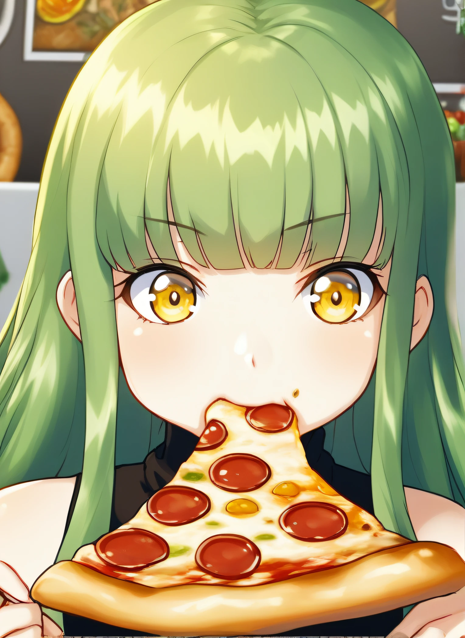 <lora:CC:0.7> 1girl,solo,long hair,bangs,holding,bare shoulders,yellow eyes,food,green hair,turtleneck,eating,holding food,sleeveless turtleneck,pizza,holding pizza,pizza slice,c.c.