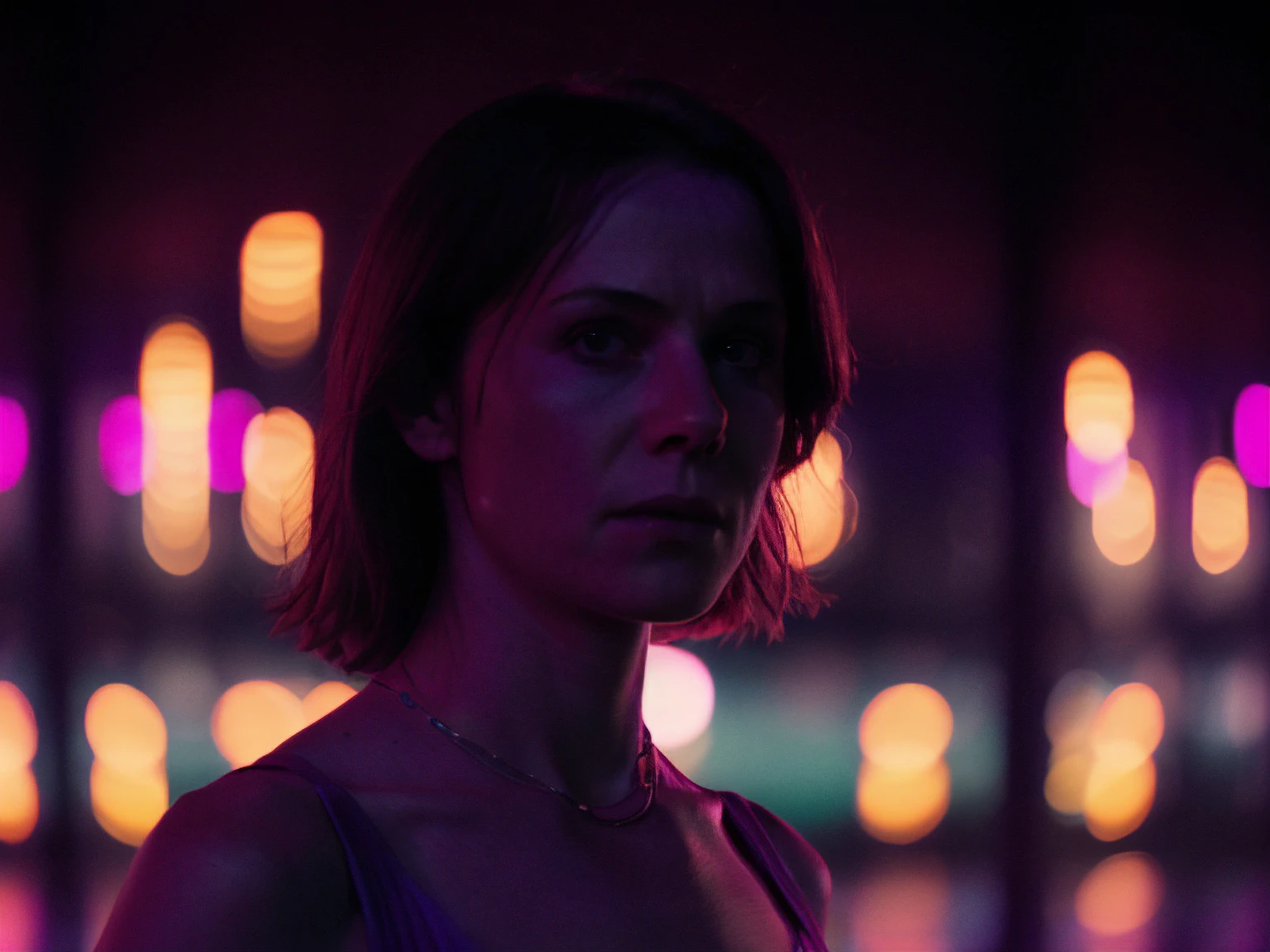 refnstyle,a woman standing outdoor,close-up,purple tint,dimly lit,at daytime,dramatic,vibrant,film grain,bokeh