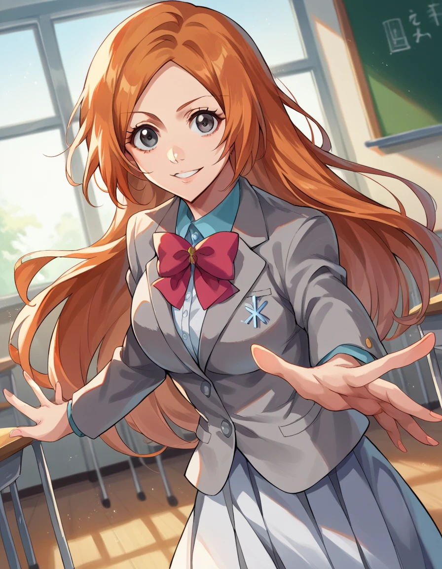 score_9, score_8_up, score_7_up, source_anime, inoueorihime, <lora:inoue-orihime-ponyxl-lora-nochekaiser:1>, inoue orihime, long hair, orange hair, grey eyes, smile, skirt, bow, school uniform, jacket, blazer, grey jacket, indoors, classroom, looking at viewer, cowboy shot, dutch angle, dynamic pose,