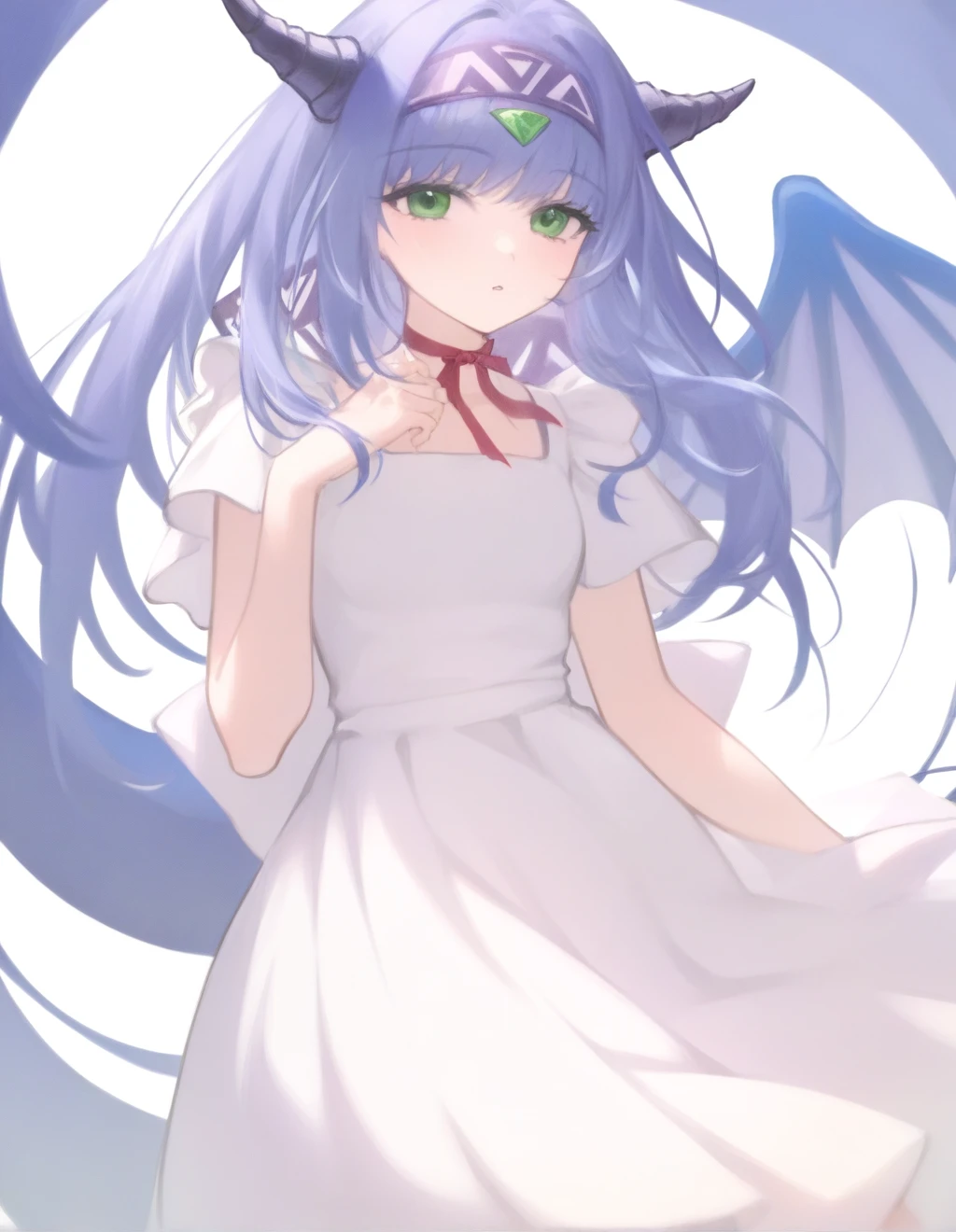 1girl,reverie metherlence, masterpiece, newest,kz oji, (henreader:0.9), (ask \(askzy\), aki99, ama mitsuki, ciloranko:0.9), kaede \(sayappa\), masterpiece, newest, absurdres, solo, dragon girl, dragon tail, dragon wings, dragon horns, white dress,reen jewel on the forehead