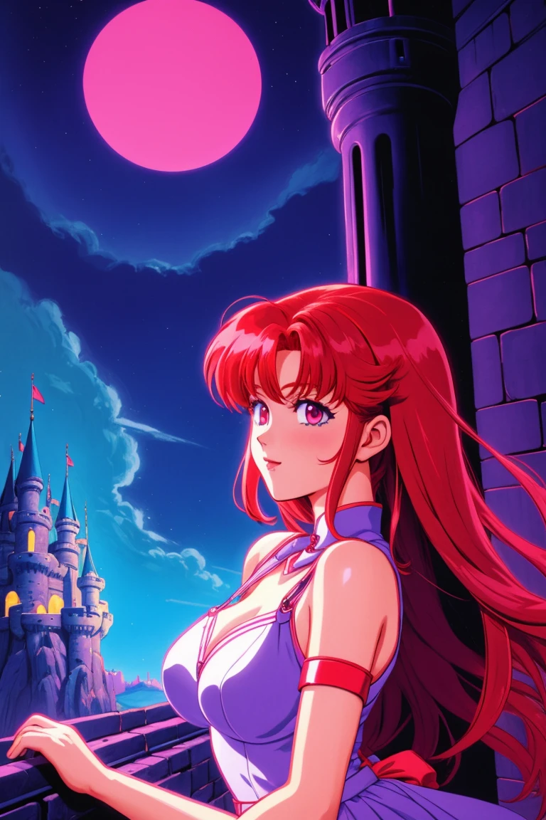 Beautiful woman with red hair in an enchanted castle, <lora:HUD_N90s_Anime-08:0.6>, HUD_Neon_90s_Anime