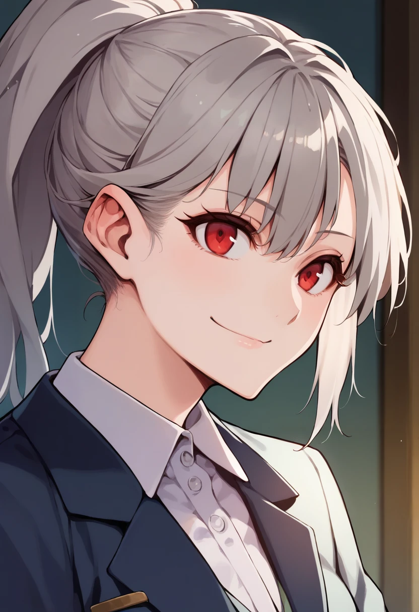 score_9, score_8_up, score_7_up, source_anime, 1girl,red eyes,smile, room, wariza, ponytail,grey hair, portrait, blazer, by moriishizuki <lora:Morii-Mizuki-Style-PonyXL-000048:1>