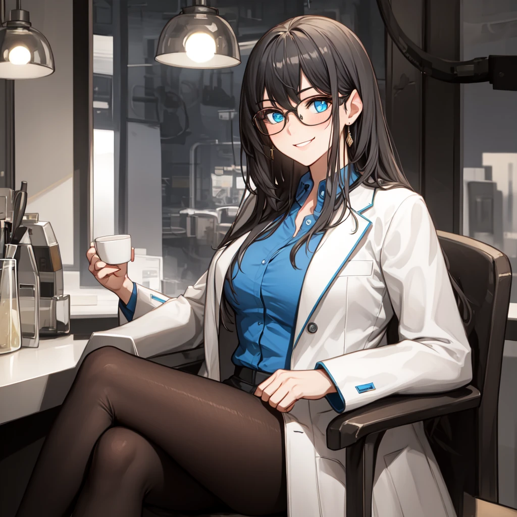 masterpiece, best quality, high quality,1girl,solo,smile, mature female,blue shirt, white coat, holding coffee, glasses, crossed legs,