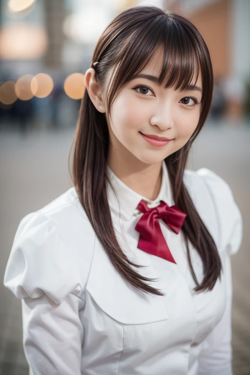 1girl, (uniform:1.6),(RAW photo, best quality:1.4), (realistic, photo-realistic:1.4), masterpiece, an extremely delicate and beautiful, extremely detailed, 2k wallpaper, Amazing, finely detail, extremely detailed CG unity 8k wallpaper, ultra-detailed, highres, soft light, beautiful detailed girl, extremely detailed eyes and face, beautiful detailed nose, beautiful detailed eyes,cinematic lighting,(blurry,bokeh backgound:1.6),(downtown:1.8),perfect anatomy,(slender body:1.6),(close up face,focus face:1.8),(smile gently,Friendly, warm:1.8),(looking at viewer:1.8), (long hair:1.6), (japanese idol:1.8), (brown eyes:1.4),(standing:1.6),(cleavage:0.8),  
 <lora:tanakaminami_lora-10:0.8>