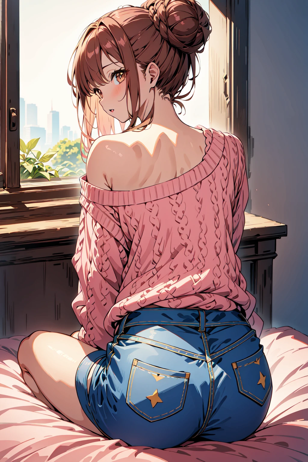 masterpiece, best quality, ultra-detailed, official art, 1girl, <lora:one-shoulder_sweater-08:0.6>, one-shoulder sweater, denim shorts, pink sweater, brown hair, single hair bun, brown eyes, from behind, sitting, bed room