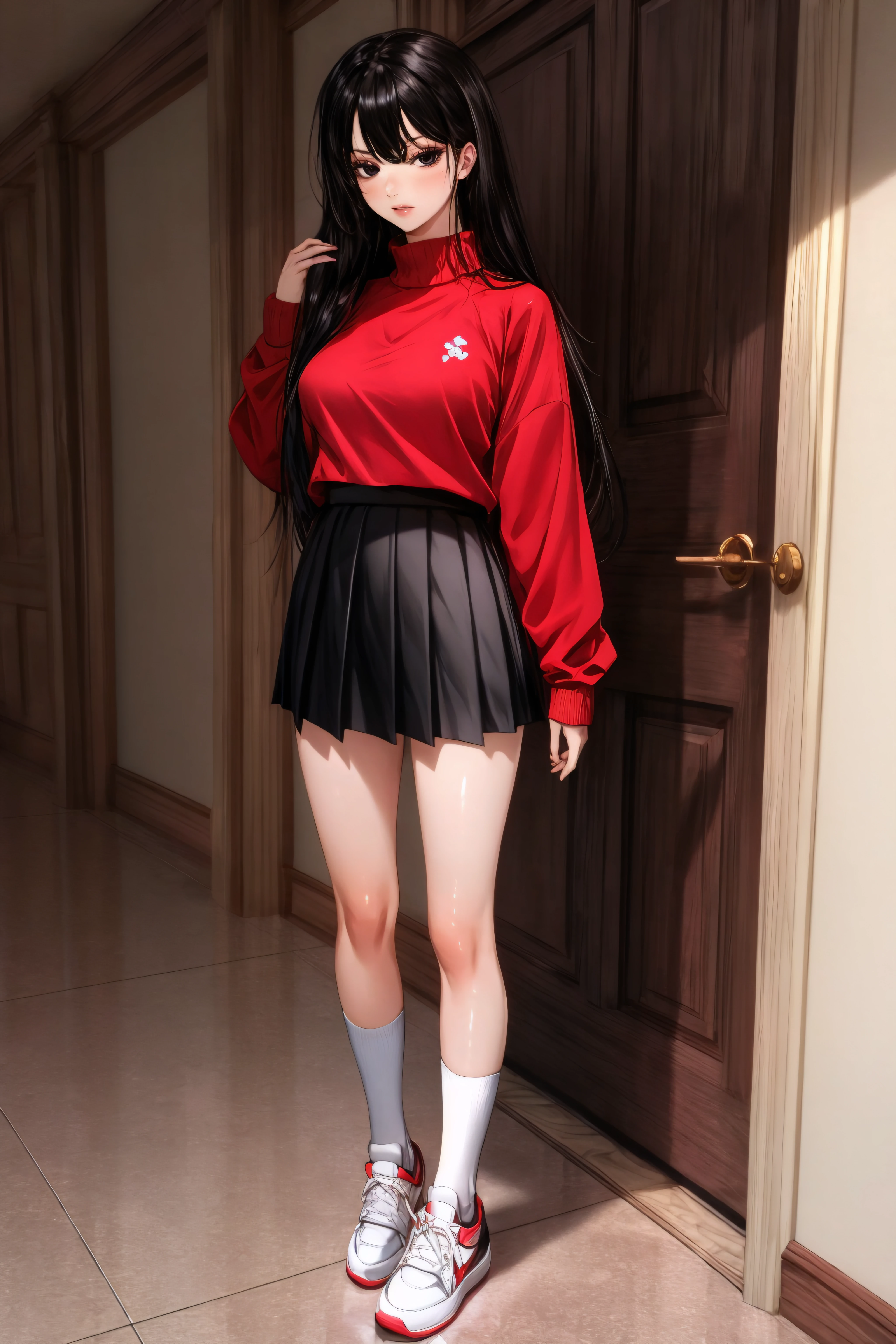 (masterpiece, best quality), <lora:hari-lora-Faxtron:0.8> hari, black eyes, black hair, long hair, red sweater, long sleeves, black pleated skirt, white socks, white sneakers, standing,
<lora:add_detail:0.8>,