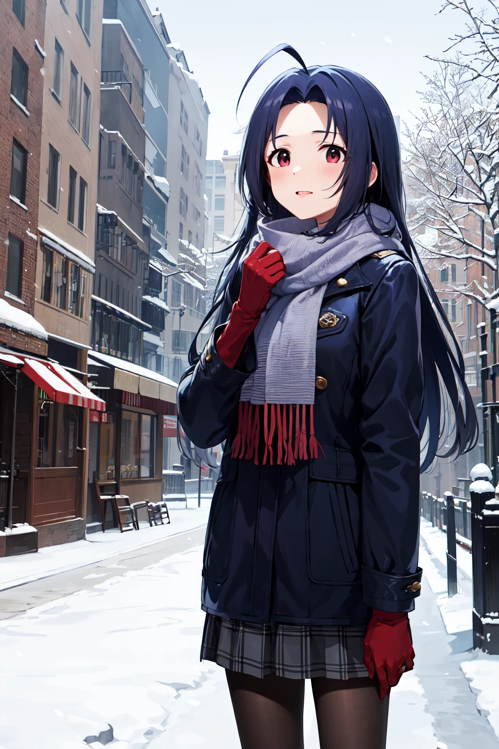 masterpiece, best quality, highres, aaazusa, long hair, ahoge, parted bangs, <lora:miura_azusa_v1:0.7>, snow, winter clothes, scarf, gloves, skirt, pantyhose, outdoors, standing, cowboy shot