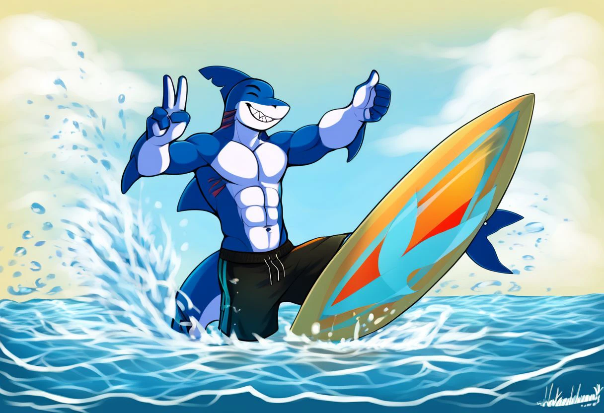 solo, male, furry, shark, swimming in water, arm over a surfboard, smile, closed eyes, peace hand pose, summer weather, daytime, splashing water, sansy beach