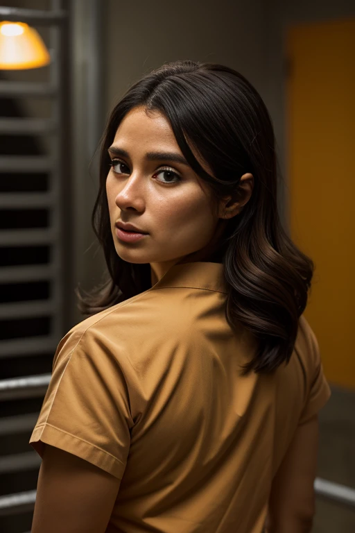 dian36ur3rr3r0, dark hair, wearing (tan prison scrubs:1.3), surrounded by prisoners, prison, vray render, ray tracing, subsurface scattering, by Josan Gonzalez and Liang Mark (upper body shot), (looking at viewer:1.3), (hyper realistic:1.3), (portrait:1.2), highly detailed eyes, (highly detailed skin:1.3), (freckles:0.6), pores, (4k), back lit, rim light, <lora:Diane_Guerrero_PMv1a_Lora:1.3>,