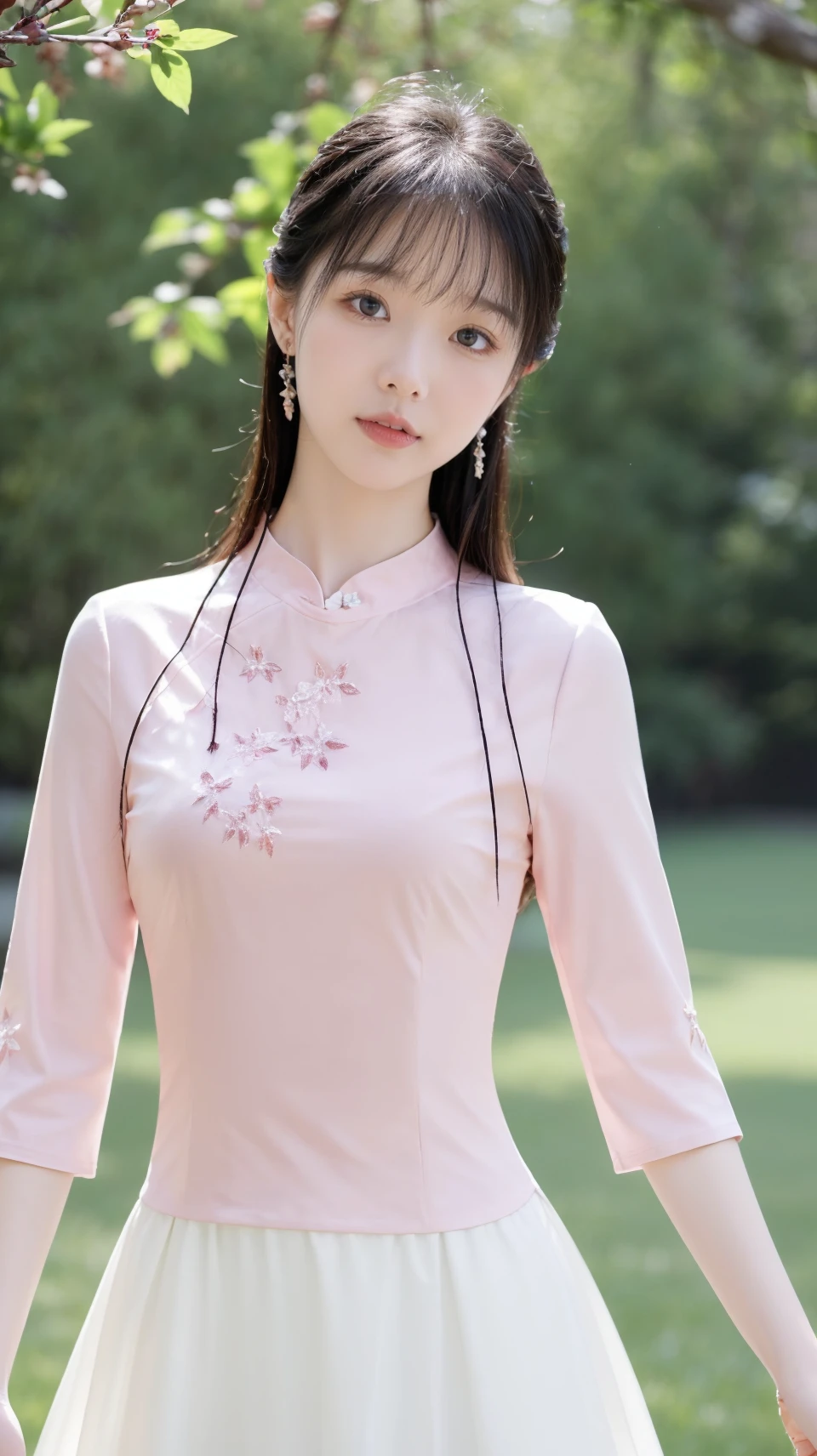 best quality,HDR,UHD,8K,Vivid Colors,solo,photo_,(1girl:1.3),(standing:1.3),(looking at viewer:1.4),Elegant,detailed gorgeous face,(upper body:1.2),bright,(lawn background:1.2),(pale skin:1.4),<lora:Twinkle7:0.75>,pink shirt,white skirt,