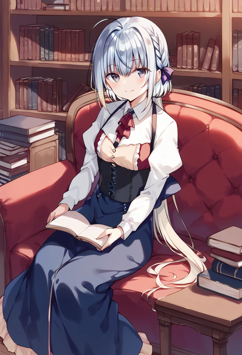 score_9, score_8_up, score_7_up, source_anime BREAK
1girl, haiselita aldridge, official art, book, solo, blue eyes, ahoge, sitting, blue hair, blonde hair, bookshelf, looking at viewer, couch, holding book, multicolored hair, eyebrows visible through hair, indoors, blush, very long hair, open book, juliet sleeves, closed mouth, red neckwear, two-tone hair, reading, hair between eyes, ascot, gradient hair, white shirt, smile, wooden floor, light blue hair, watermark, white hair, silver hair, shiny hair, braid, hair ribbon, collared shirt, blue skirt, ponytail, on couch, shiny, black skirt, hair ornament, grey eyes, sidelocks, chair, long skirt, high-waist skirt, blue dress, short hair, small breasts, library, shelf, feet out of frame, wing collar, on floor, corset, buttons, colored inner hair, smile, purple ribbon, purple eyes, underbust, frills, table, suspenders, grey hair, puffy long sleeves, low ponytail, armchair <lora:haiselita_aldridge_sdxl_locon_pony_v1:0.7>