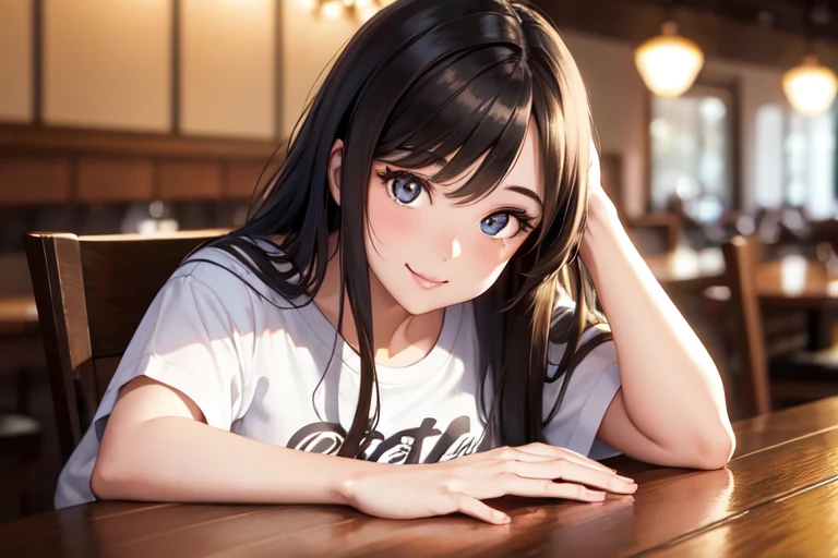(masterpiece, best quality), iphone photo woman, long brunette hair, leans on a table in a restaurant, hazel eyes, perfect eyes, gorgeous smile, light makeup, wearing a t-shirt, good atmosphere . large depth of field, deep depth of field, highly detailed