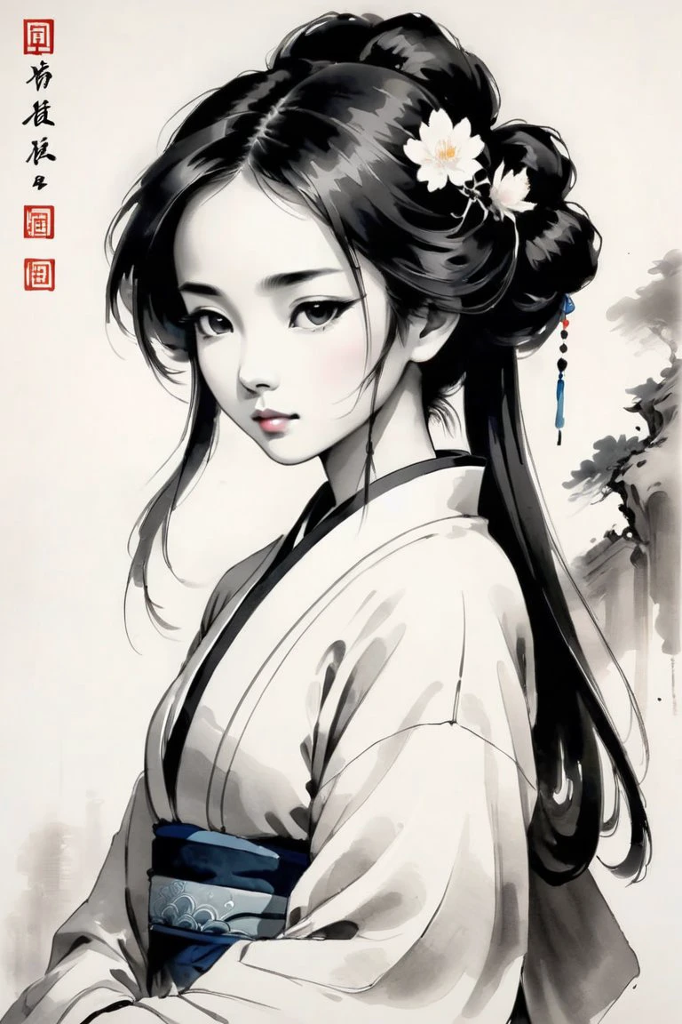 score_9, score_8_up, score_7_up, score_6_up, score_5_up, traditional chinese ink painting,Portrait of an ancient beauty, Guo Moruo, minimalist composition, romantic, chic, alone, Hanfu, ink portrait, minimalist ink,black and white ink painting
