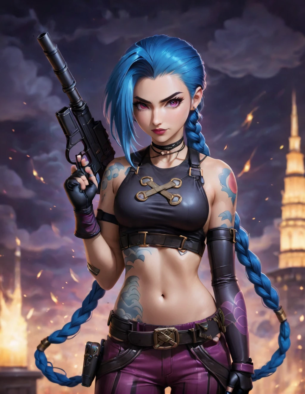 1girl,bare_shoulders,braid,crop_top,glowing,glowing_eyes,gun,holding_gun,holding_weapon,looking_at_viewer,solo,<lora:Jinx_LOL_AnimeRealistic_SDXL_V1.0:0.8>,twin braids,small breasts,single elbow glove,short shorts,necklace,fingerless gloves,tattoo,cloud_tattoo,arm_tattoo,jinx,