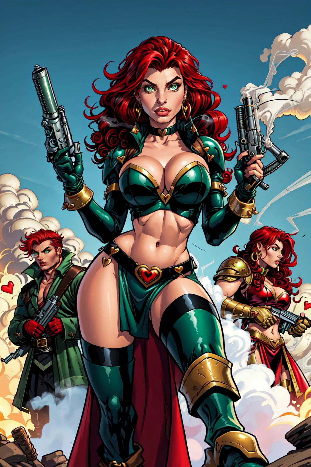 masterpiece, best quality, multiple boys, 1girl, green eyes, weapon, solo, breasts, red hair, gun,armor, pauldrons, long hair, large breasts, sword, thighhighs, cleavage, gloves, earrings, smoke, jewelry, heart, curly hair, smoking, navel, lips, smoking gun, boots, handgun, detailed eyes