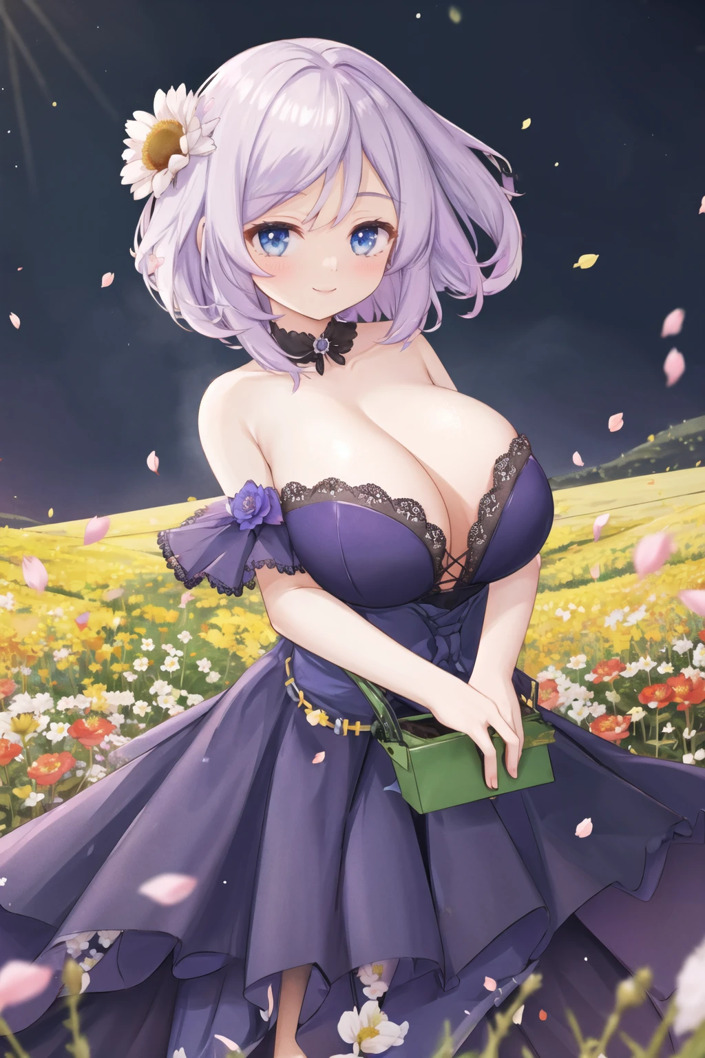 <lora:flofield:0.6>, flower field, <lora:orzcan-09:0.6>, strapless dress, night, wind, petals, smile, large breasts,