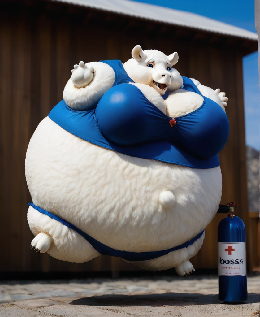 photo of a toriel, anthro, female, bovid, undertale, boss monster, fur, inflating, helium tank, (floating), spherical inflation, breast expansion, puffed arms, puffed legs, <lora:InflationXL-02-Furtastic-e50:1>