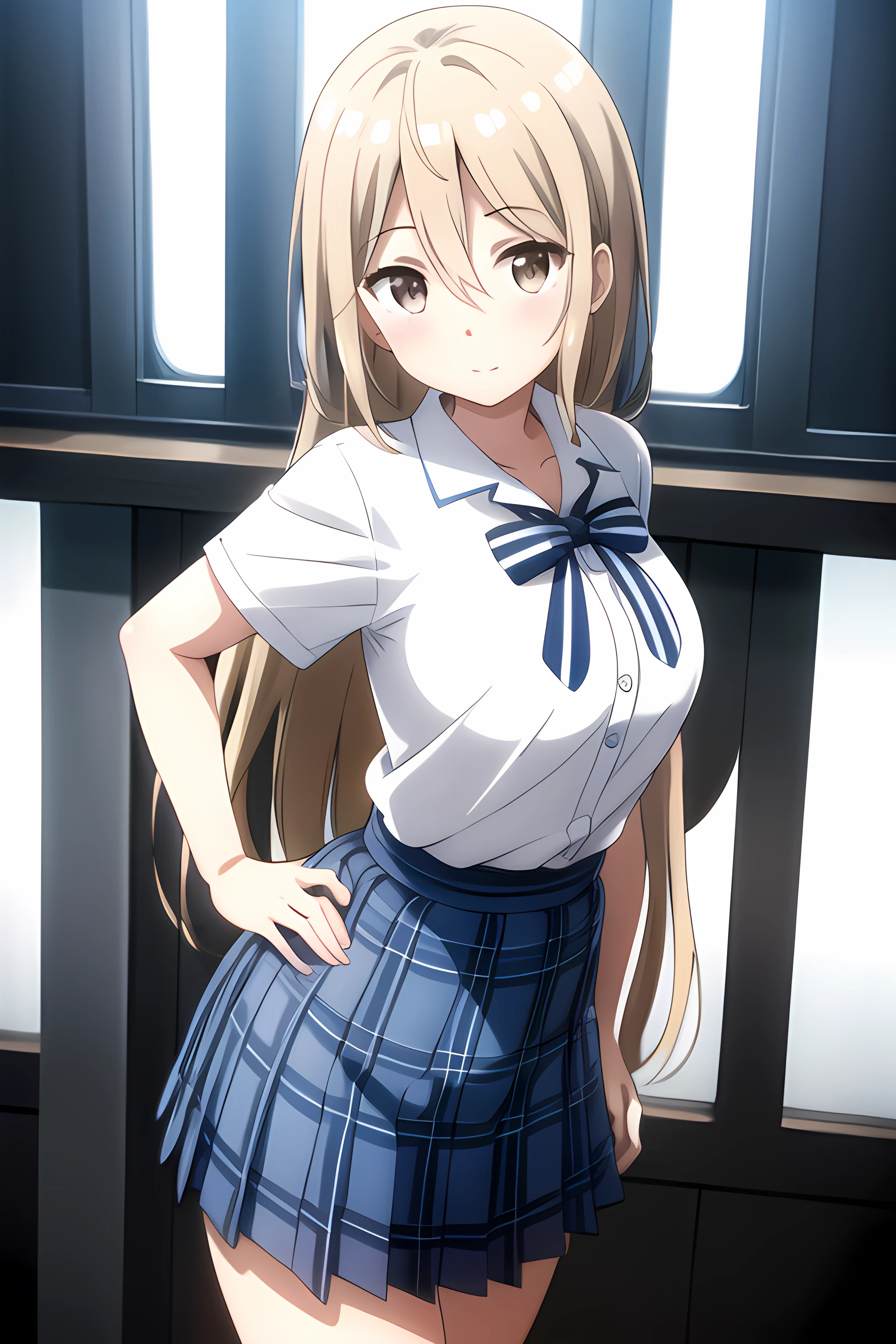 ((masterpiece, best quality)), 1girl,solo,standing,bangs, akira kotokawa \(uniform\) \(one room\), hands on hips,blue_bow, blue_skirt, blush, bow, bowtie, brown_eyes,closed_mouth, collared_shirt, cowboy_shot, hair_between_eyes, long_hair, looking_at_viewer, plaid, plaid_skirt, pleated_skirt, school_uniform, shirt, short_sleeves, skirt, white_shirt, short_sleeves,striped, striped_bow,,,,,extremely detailed CG unity 8k wallpaper, perfect lighting,Colorful, Bright_Front_face_Lighting,White skin, (masterpiece:1.0),(best_quality:1.0), ultra high res,4K,ultra-detailed, photography, 8K, HDR, highres, absurdres:1.2, Kodak portra 400, film grain, blurry background, bokeh:1.2, lens flare, vibrant_color,professional photograph,bow breasts, (beautiful_face:1),(detailed eyes),(narrow_waist),(Beautiful medium breasts),Beautiful Finger,Beautiful long legs,Beautiful body,Beautiful Nose,Beautiful character design, perfect face,perfect balance,(2d)