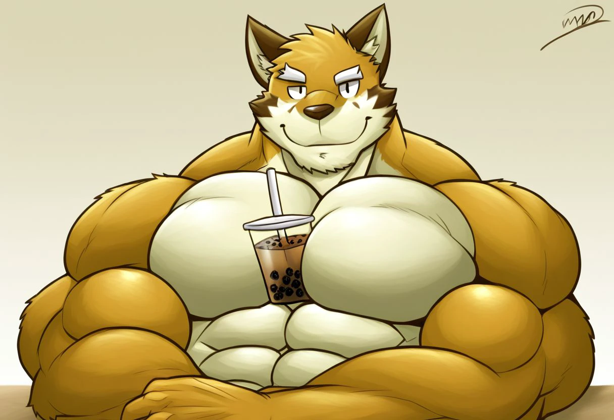 solo, male, furry, muscular, boba meme, ice tea resting between chest muscles, smile, outside