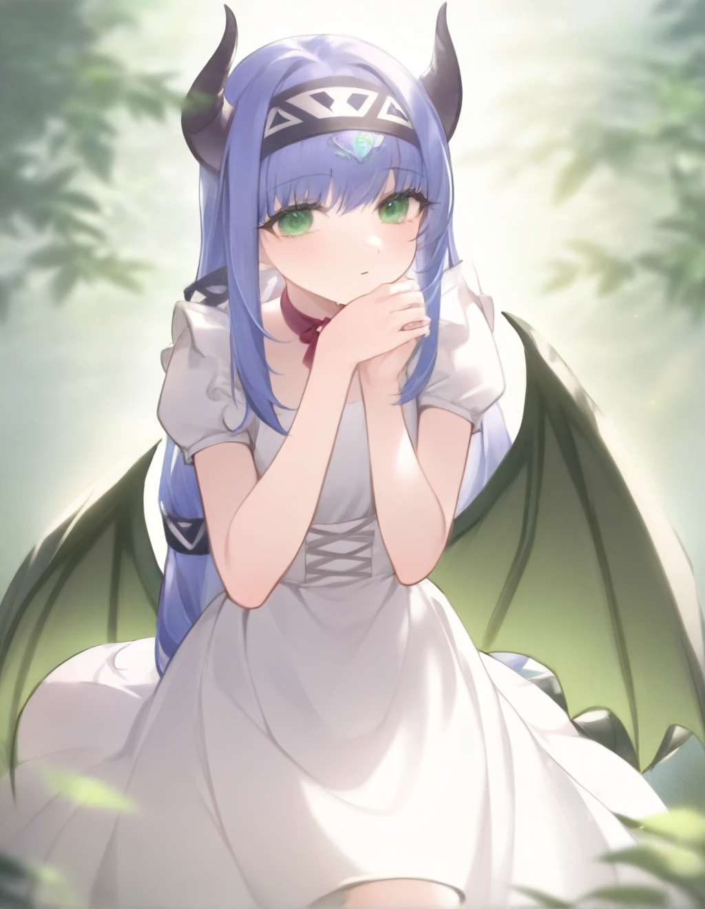 1girl,reverie metherlence, masterpiece, newest,kz oji, (henreader:0.9), (ask \(askzy\), aki99, ama mitsuki, ciloranko:0.9), kaede \(sayappa\), masterpiece, newest, absurdres, solo, dragon girl, dragon tail, dragon wings, dragon horns, white dress,reen jewel on the forehead