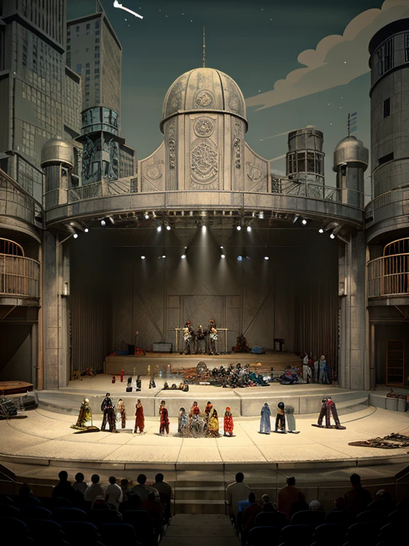<lora:Decopunk_SD:1> d3c0pnuk, str34ml1n, underground shakespeare company staging As You Like iIt in an improvised junk yard amphitheater circa 1937 as imagined by erte
