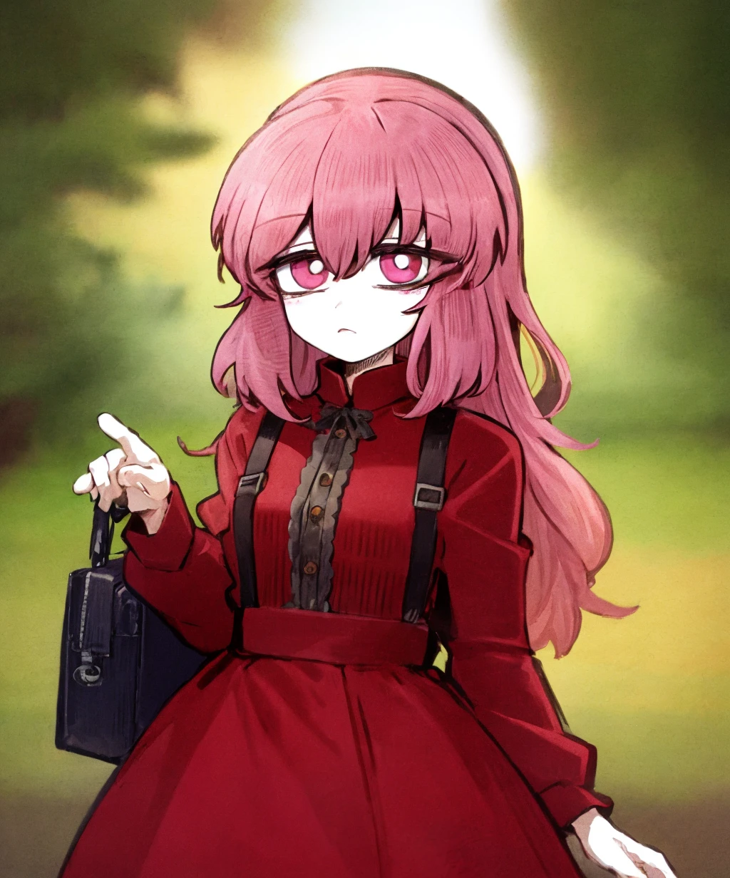 hexenccm,1girl,pink hair,pink eyes,bags under eyes,dress,red dress,solo,<lora:hexenccm_style-09:1>,