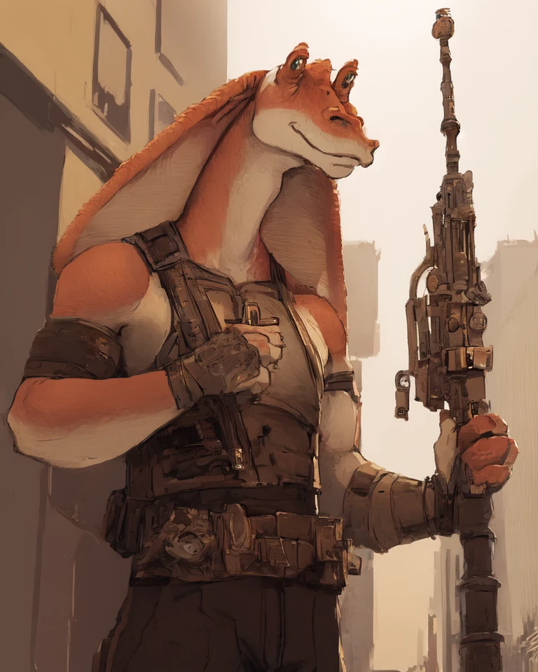 half-length portrait, city background
solo, anthro, male gungan, clothed, <lora:gungan:1>