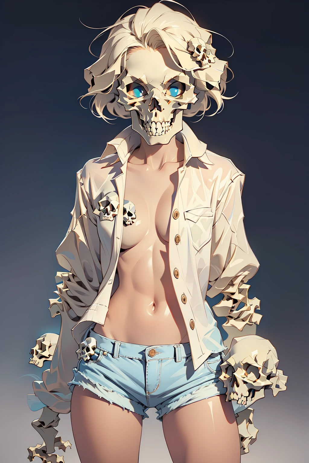 (BonesAndSkullWorld clothes:1.2) <lora:BonesAndSkullWorld:1> (masterpiece, best quality), 1girl, bed sheet, messy hair, unbuttoned shirt, unbuttoned shorts, blue pajamas, shiny skin, <lora:add_detail:1>