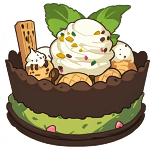 x, no humans, transparent background, pokemon \(creature\), mustache, food focus, food, solo, facial hair, simple background, white background, ice cream, plant,White background,<lora:x_cake:0.9>,