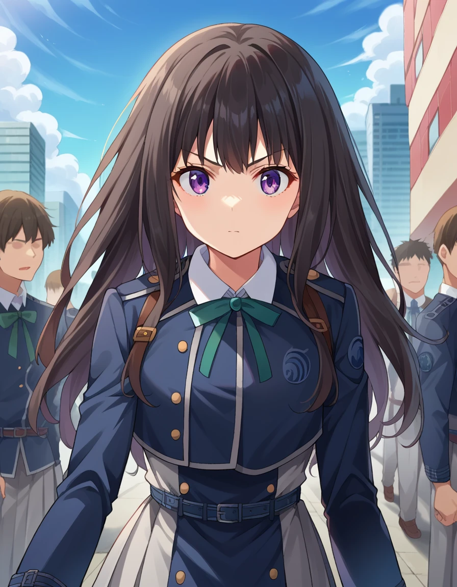 score_9, score_8_up, score_7_up, source_anime, 
takinainoue, <lora:takina-inoue-ponyxl-lora-nochekaiser:1>, 
inoue takina, long hair, bangs, black hair, purple eyes,
shirt, long sleeves, dress, ribbon, school uniform, white shirt, collared shirt, belt, neck ribbon, blue dress, green ribbon, pleated dress, grey dress, two-tone dress, blue belt, lycoris uniform,
outdoors, cityscape, street, people, crowd,
looking at viewer, cowboy shot, dutch angle, dynamic pose,