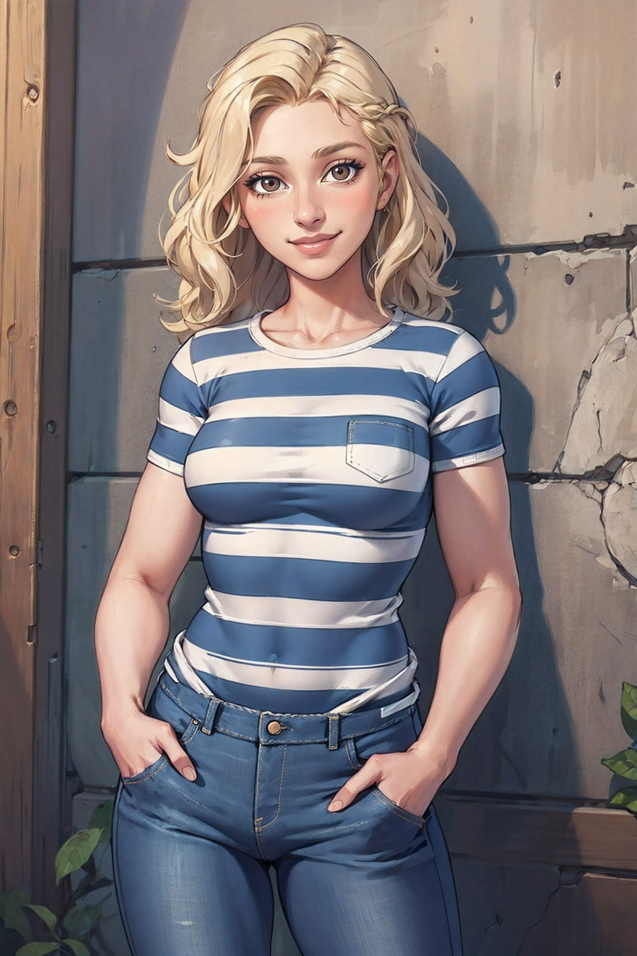 (masterpiece, highest quality, illustration), cowboy shot, solo, woman, smile, wavy hair, blonde hair, brown eyes, striped shirt, short sleeves, jeans, outdoors, wall, leaning back, hands in pockets