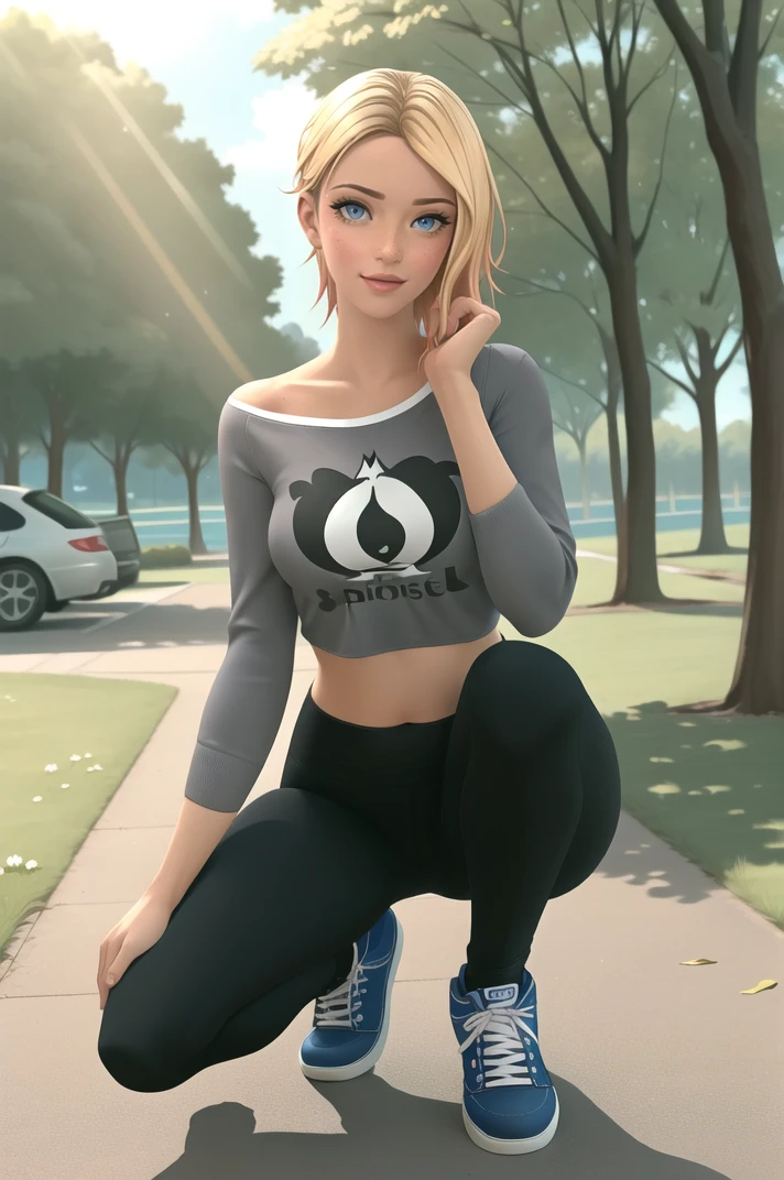 (masterpiece, high quality, detailed background:1.1), 1girl, solo,
<lora:GwenStacy-v1-06:0.6>, ChopioGwenStacy, realistic, short hair, blonde hair, gradient hair, sidecut, undercut, blue eyes, freckles, lips, nose, eyebrow piercing, eyeshadow, mascara, makeup, (looking at viewer:1.3),
mature female, medium breasts,
outfit_1, grey shirt, animal print, crop top, off-shoulder shirt, long sleeves, sleeves pushed up, yoga pants, black leggings, tight pants, (crop top overhang:1.2), 
park, outdoors, grass, path, trees, flowers, sunny, light rays, lens flare,
sexy smile, squatting,