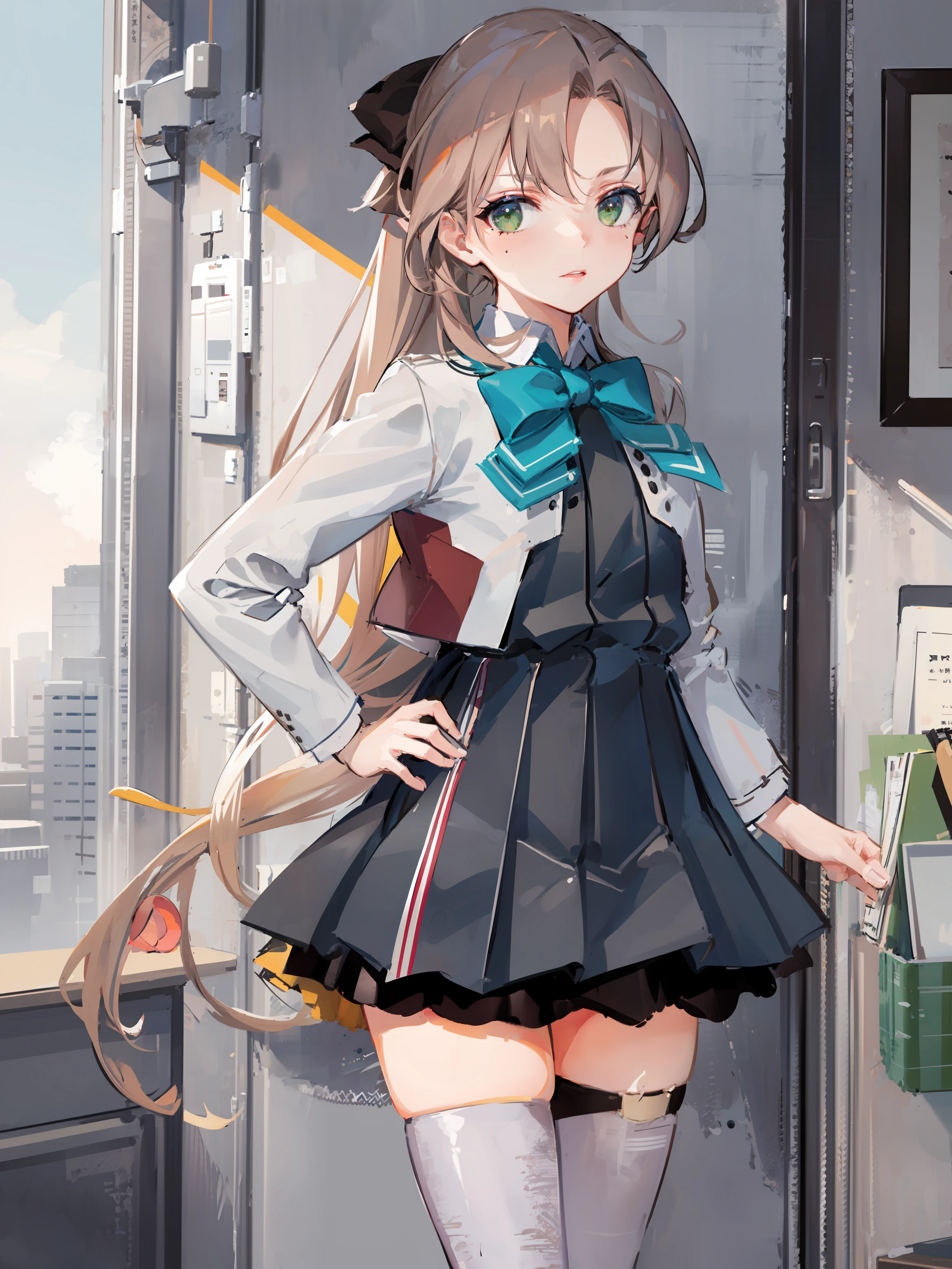 akigumo \(kancolle\), 1girl, solo, thighhighs, school uniform, white thighhighs, mole, mole under eye, dress, cowboy shot, jacket, grey thighhighs, bowtie, pleated dress, shirt, blazer, bow, white shirt, looking at viewer, aqua bowtie, blue bowtie, grey dress, original, intricate detail, illustration, masterpiece, extremely detailed CG unity 8k wallpaper, highlight, sharpening, dynamic, <lora:Akigumo-12:0.8>,
