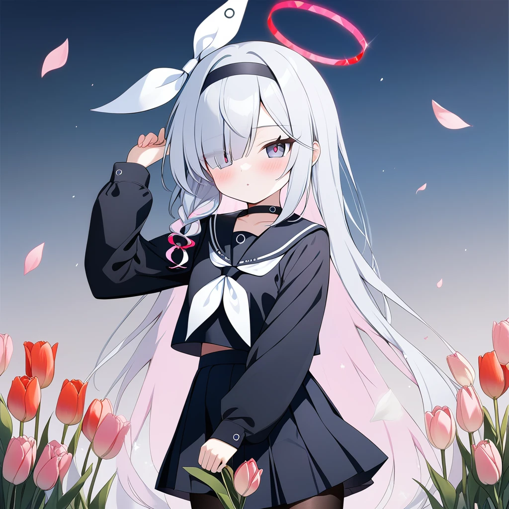 plana\(blue archive\),plana (blue archive),
1girl,solo,halo,chibi,grey eyes,red pupils,
masterpiece,best quality,cowboy shot,
black school uniform,pantyhose,serafuku,black skirt,neckerchief,flower,holding flower,holding,blush,long hair,tulip,long sleeves,pink flower,plaid,floating hair,shirt,facing viewer,hand up,pantyhose,<lora:plana_(blue_archive)-an3xl-lokr1:1>,