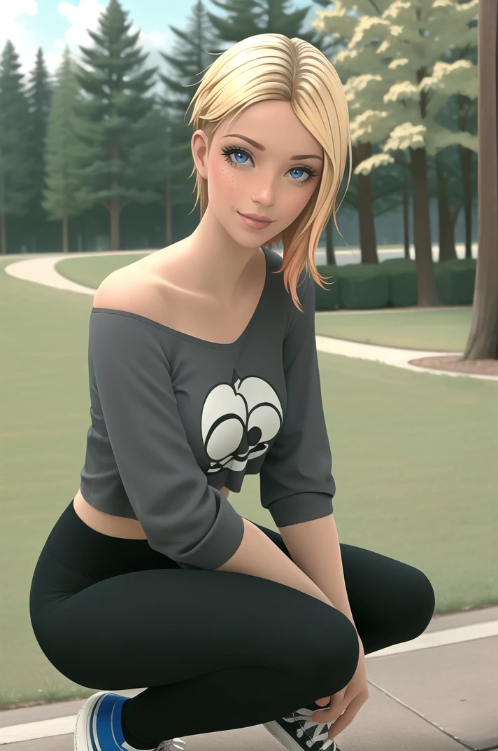 (masterpiece, high quality, detailed background:1.1), 1girl, solo,
<lora:GwenStacy-v1-06:0.6>, ChopioGwenStacy, realistic, short hair, blonde hair, gradient hair, sidecut, undercut, blue eyes, freckles, lips, nose, eyebrow piercing, eyeshadow, mascara, makeup, (looking at viewer:1.3),
mature female, medium breasts,
outfit_1, grey shirt, animal print, crop top, off-shoulder shirt, long sleeves, sleeves pushed up, yoga pants, black leggings, tight pants, (crop top overhang:1.2), 
park, outdoors, grass, path, trees, flowers, sunny, light rays, lens flare,
sexy smile, squatting,